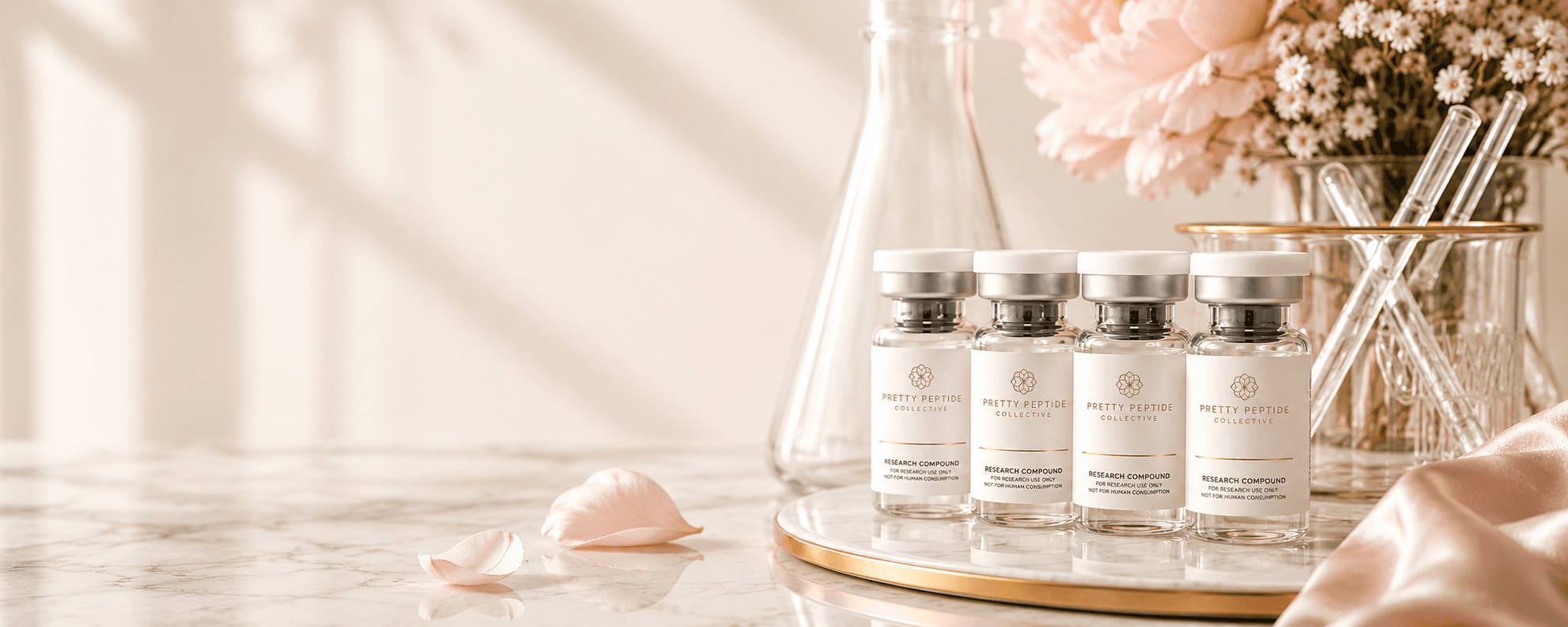 Curated research peptide vials on a marble surface