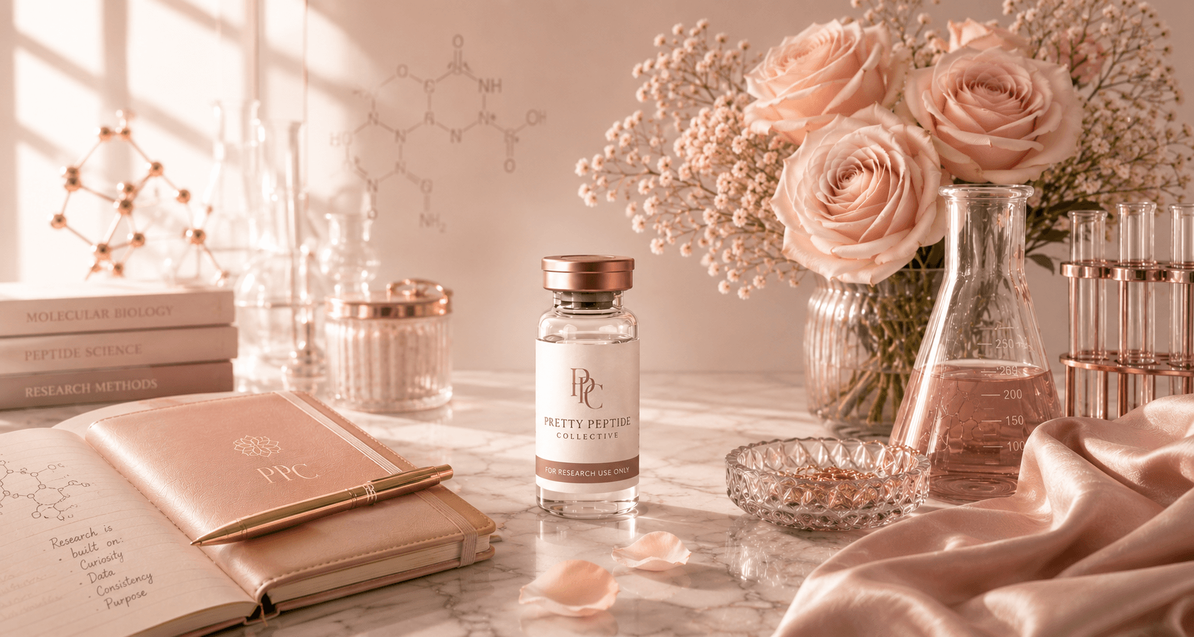 Pretty Peptide Collective research vial with rose and laboratory glassware