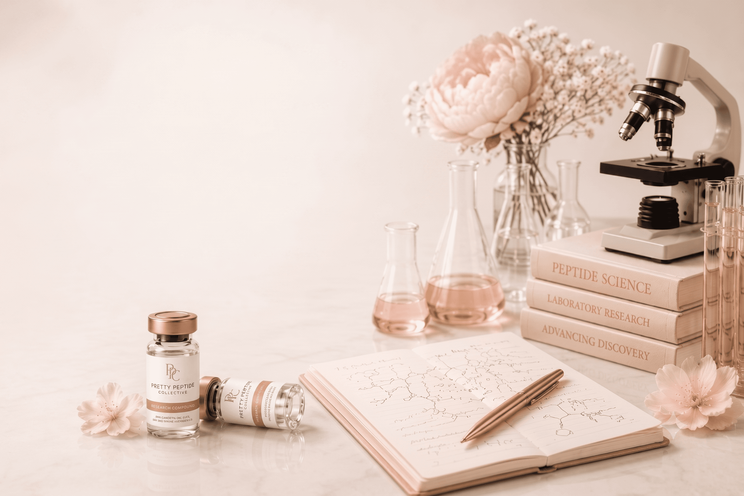 Knowledge Vault research scene with vials, microscope, books and notebook